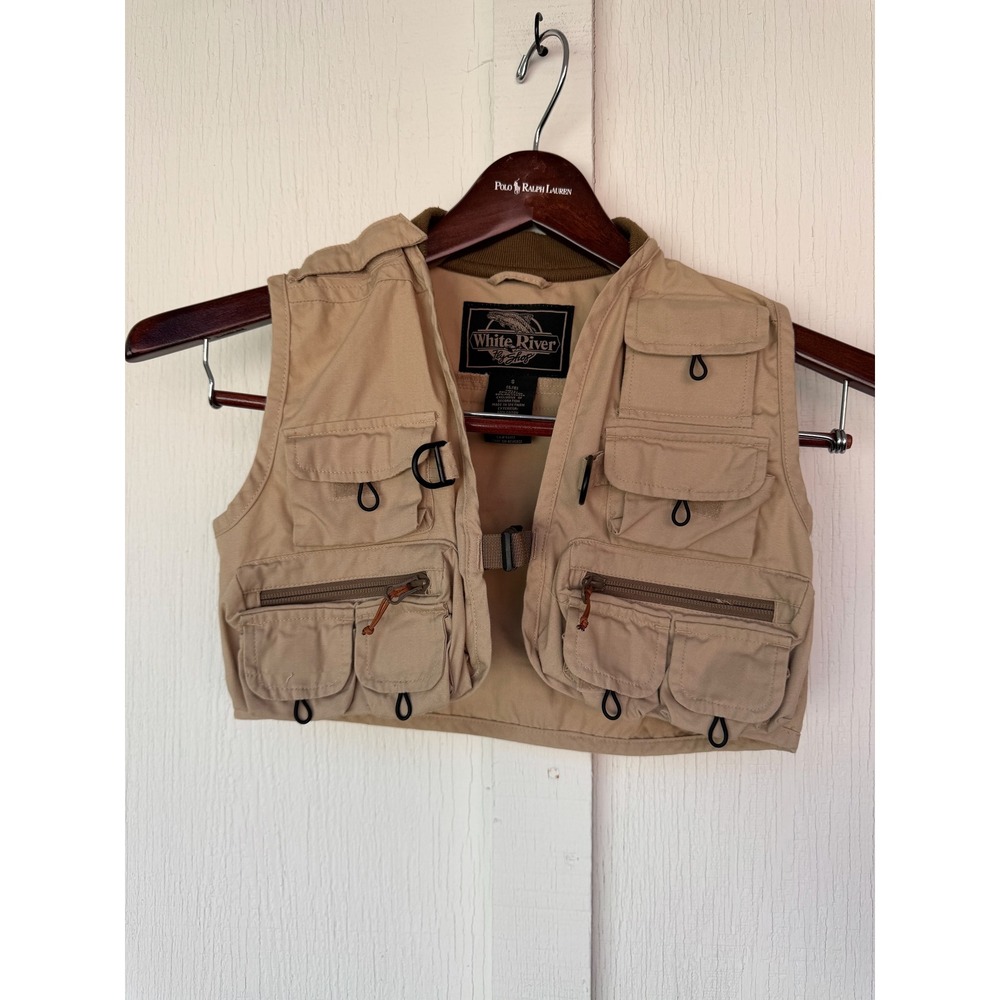 White River Fly Shop Youth Fishing Vest Size S 6/8 Tan Khaki Fly Patch Utility